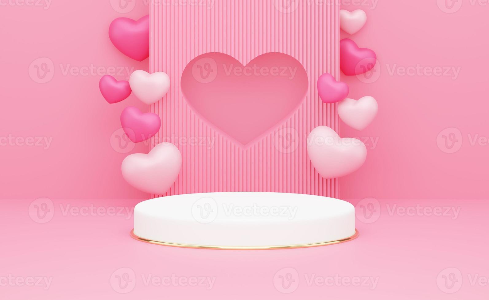 3d bianca podio con rosa e buio rosa cuore Palloncino su rosa sfondo. 3d interpretazione foto