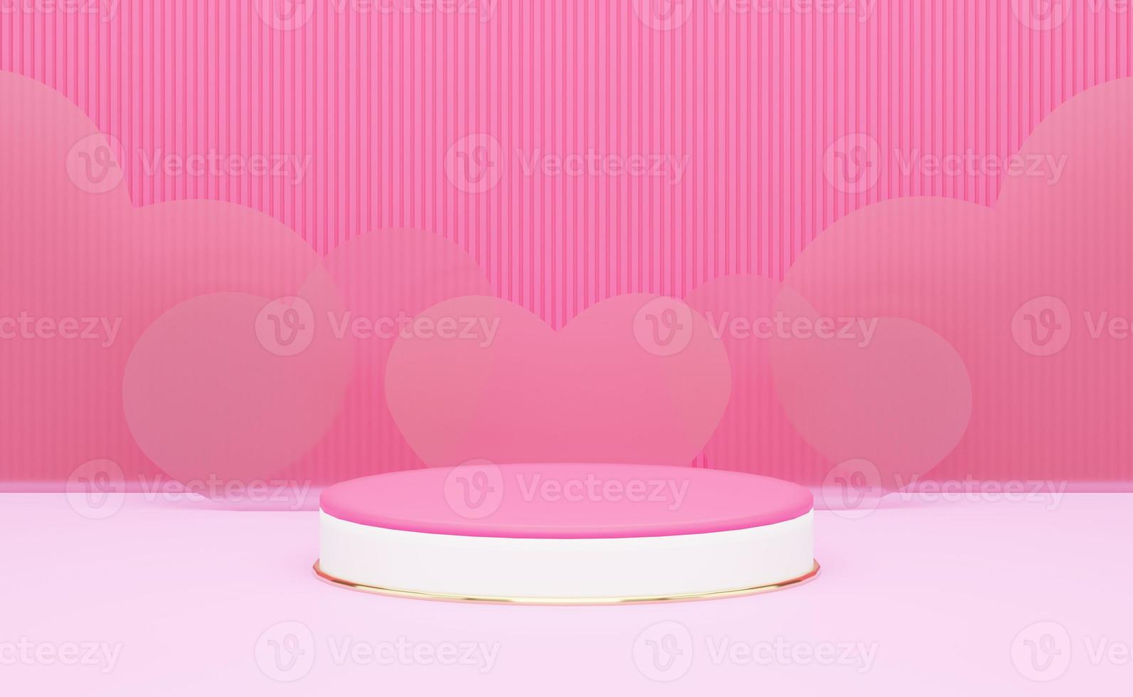 3d rosa e bianca podio su rosa sfondo, traslucido cuore forma. 3d interpretazione foto