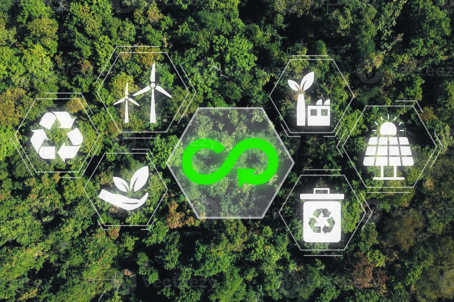 circolare economia concetto, aereo superiore Visualizza verde foresta con circolare economia icona su vr schermo, Restaurare e raccolta differenziata esistente materiale e prodotti come tanto possibile. foto