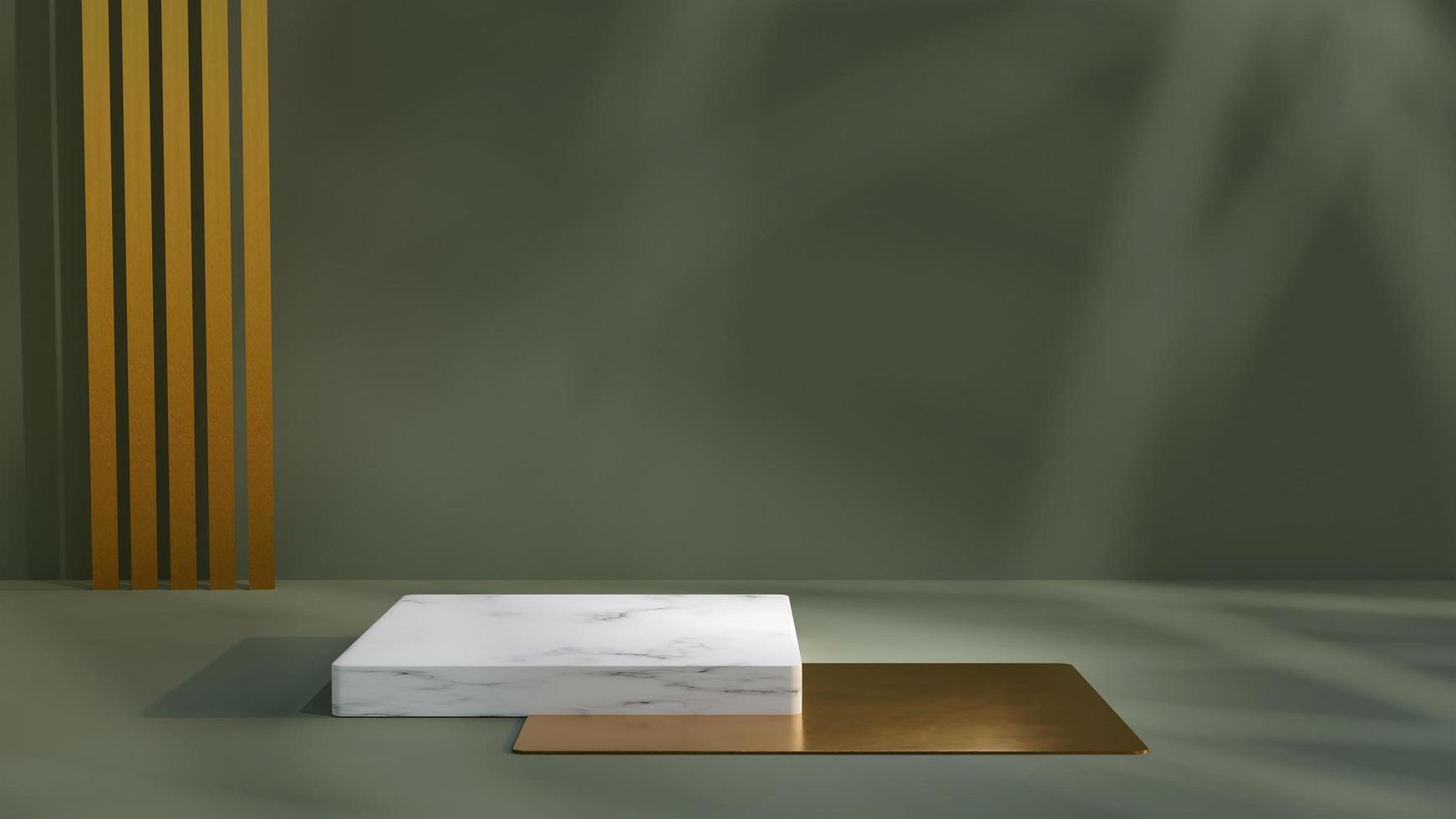 3d rendere bianca marmo cubo podio su verde sfondo. oliva parete e oro pavimento realistico camera concetto. premio gioielleria piedistallo pubblicità foto