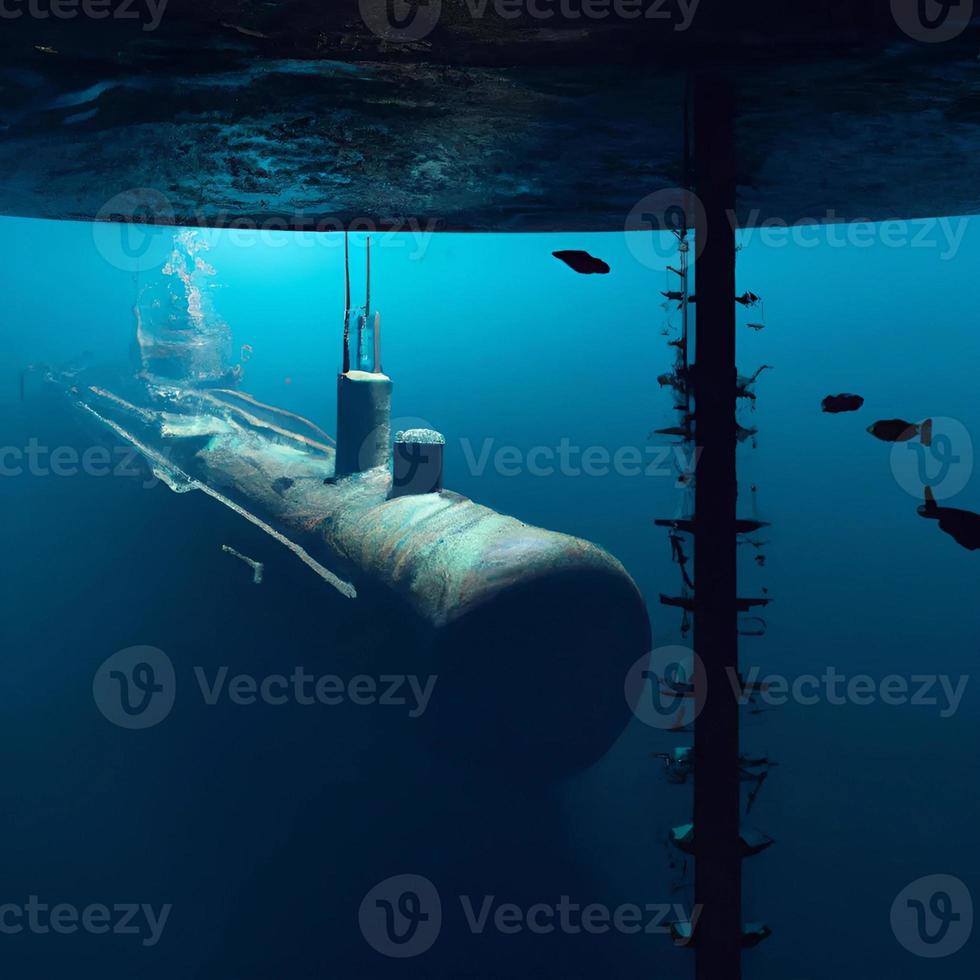 sottomarino nave si avvicina un' subacqueo danneggiato tubatura che perde nel il in profondità buio oceano piace il Nord ruscello illustrazione foto