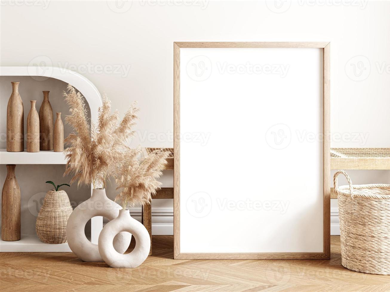 mockup di cornice e poster in interni in stile boho. rendering 3d, illustrazione 3d foto