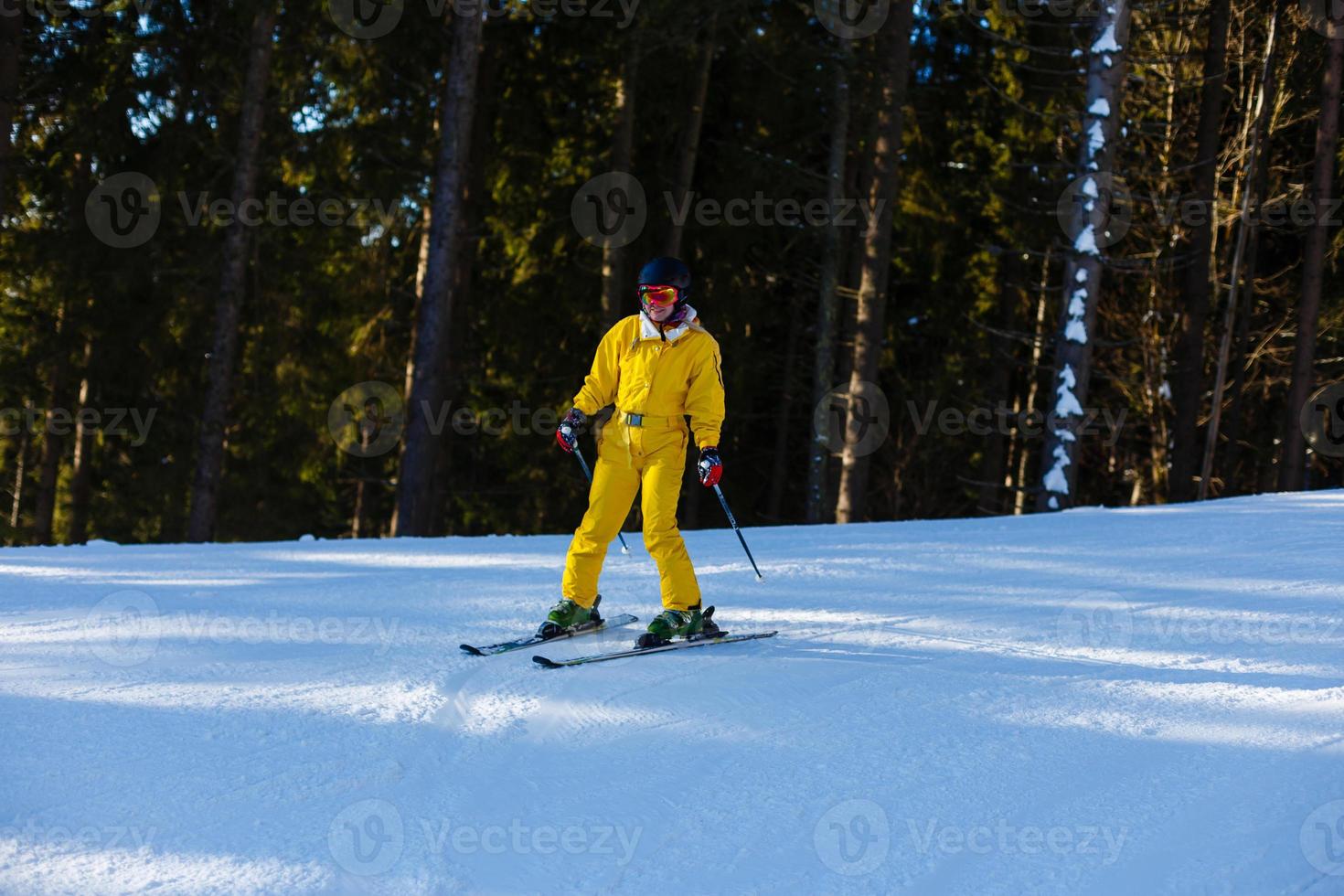 donna sciatore godere nel inverno soleggiato giorno, vacanza foto