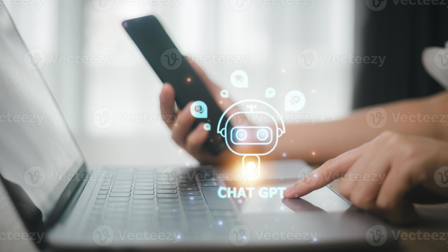 digitale chatbot, Chiacchierare gpt, robot applicazione, conversazione assistente, ai artificiale intelligenza concetto. uomo utilizzando mobile inteligente Telefono, con digitale chatbot su virtuale schermo foto