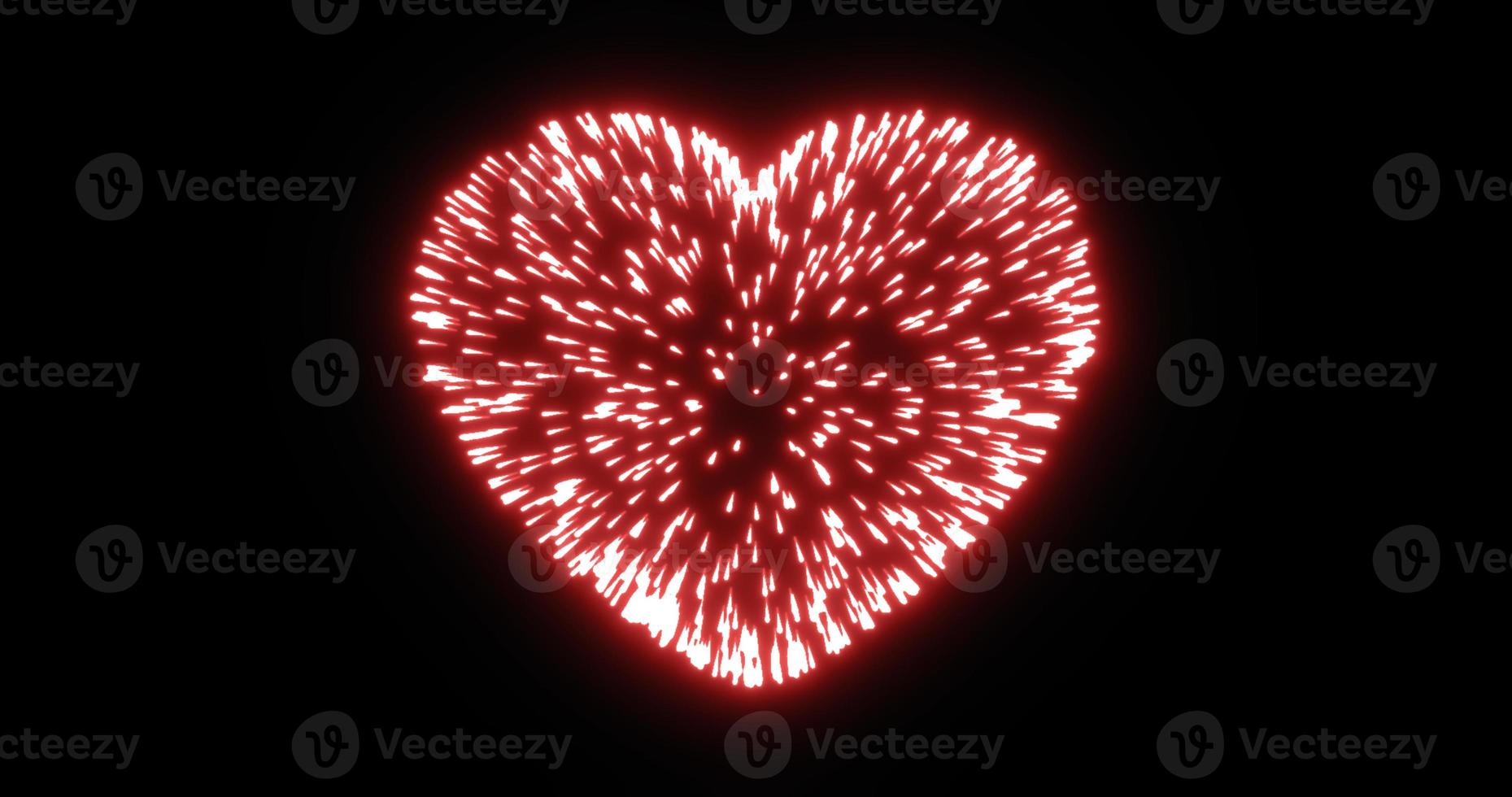 astratto rosso fuochi d'artificio festivo fuochi d'artificio per San Valentino giorno nel il forma di un' cuore a partire dal raggiante particelle e magico energia Linee. astratto sfondo foto