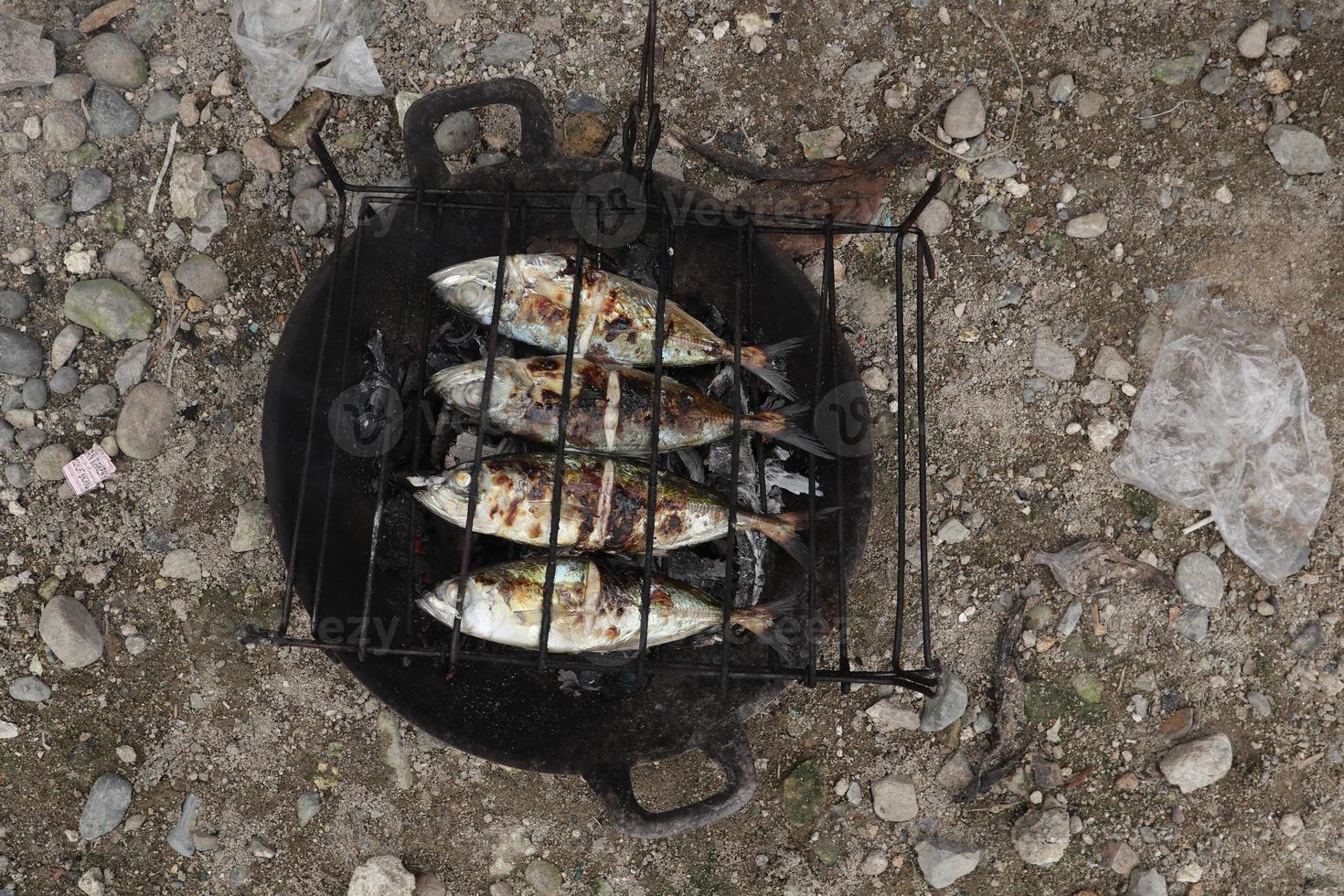 il processi di fabbricazione grigliato pesce quello è bruciato al di sopra di Noce di cocco conchiglia carboni foto