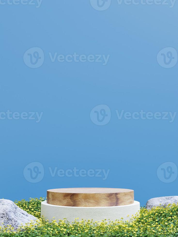 semplice minimalista di legno podio e pietra cerchio e blu parete con fiore erba impianti nel il giardino, 3d rendere foto