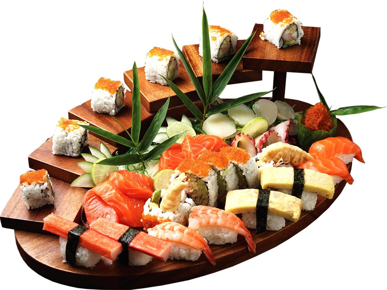il scala Sushi menù. giapponese Sushi con pesce e Riso. collezione di Sushi menù e riso rotoli foto