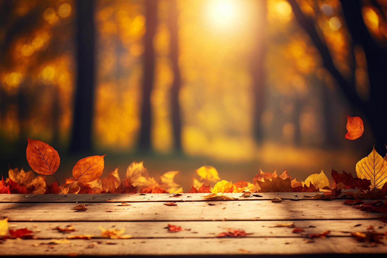 autunno tavolo - arancia le foglie e di legno tavola a tramonto nel sfocato foresta foto