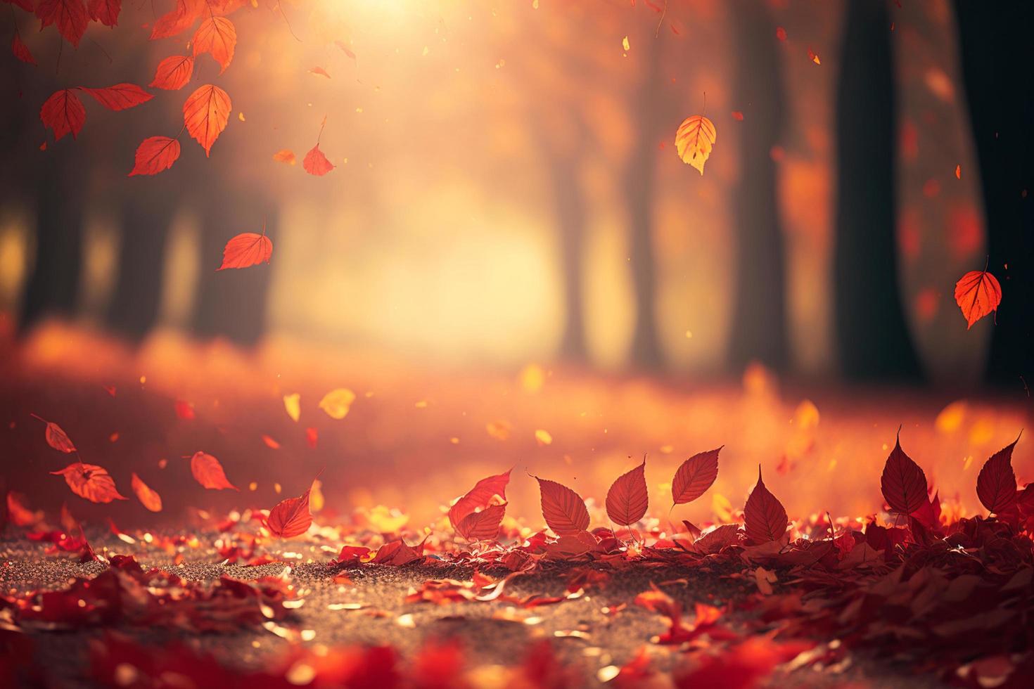 rosso le foglie caduta nel foresta, sfocato autunno sfondo con luce del sole foto
