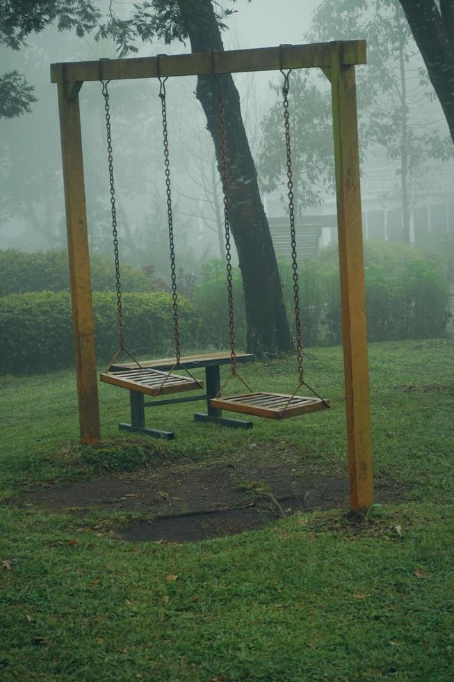 swing sotto alberi nel il giardino con nebbioso sfondo foto