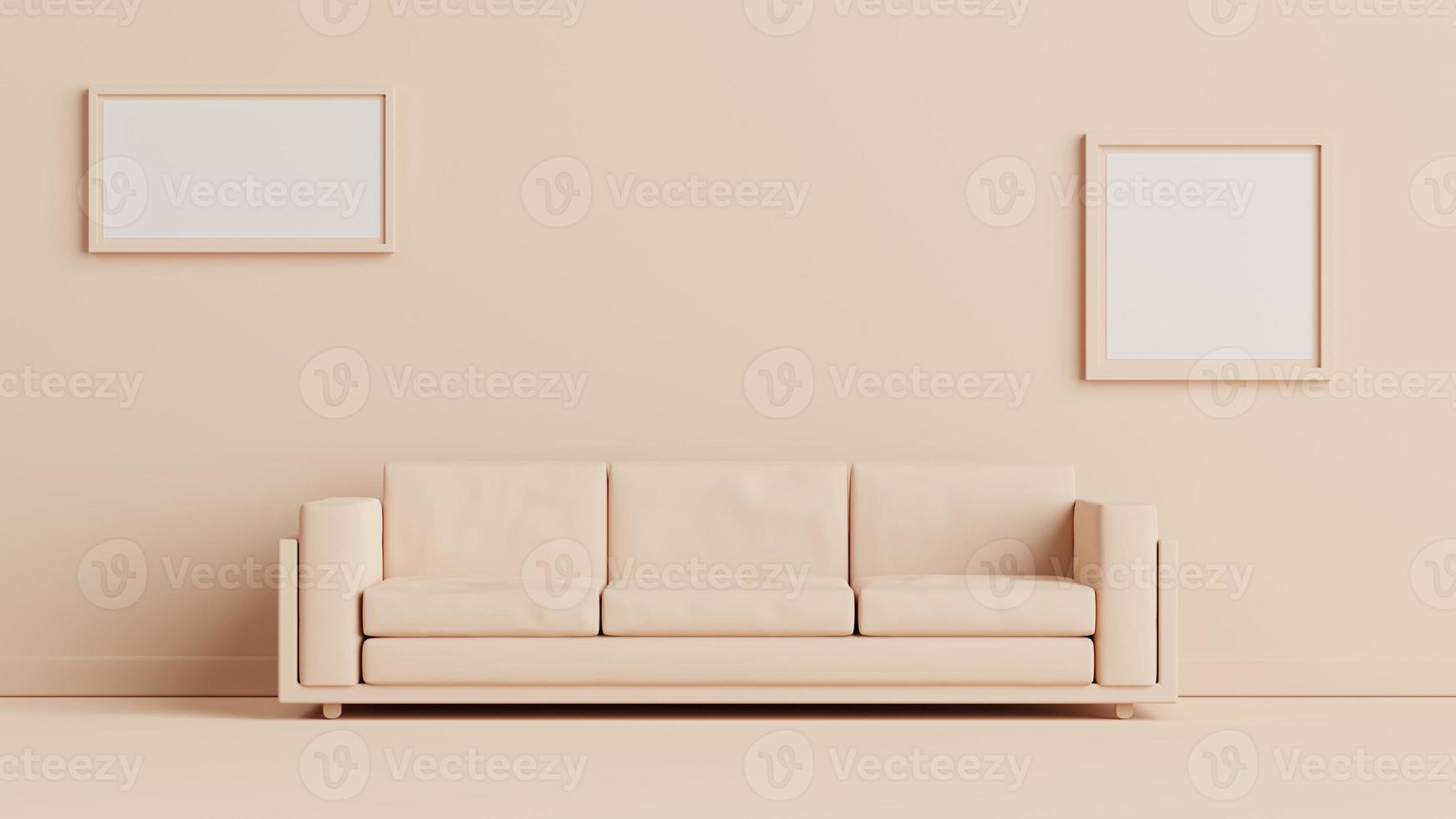 3d interpretazione semplice monocromatico camera con divano e telaio immagine su il parete per ragnatela presentazione o sfondo foto