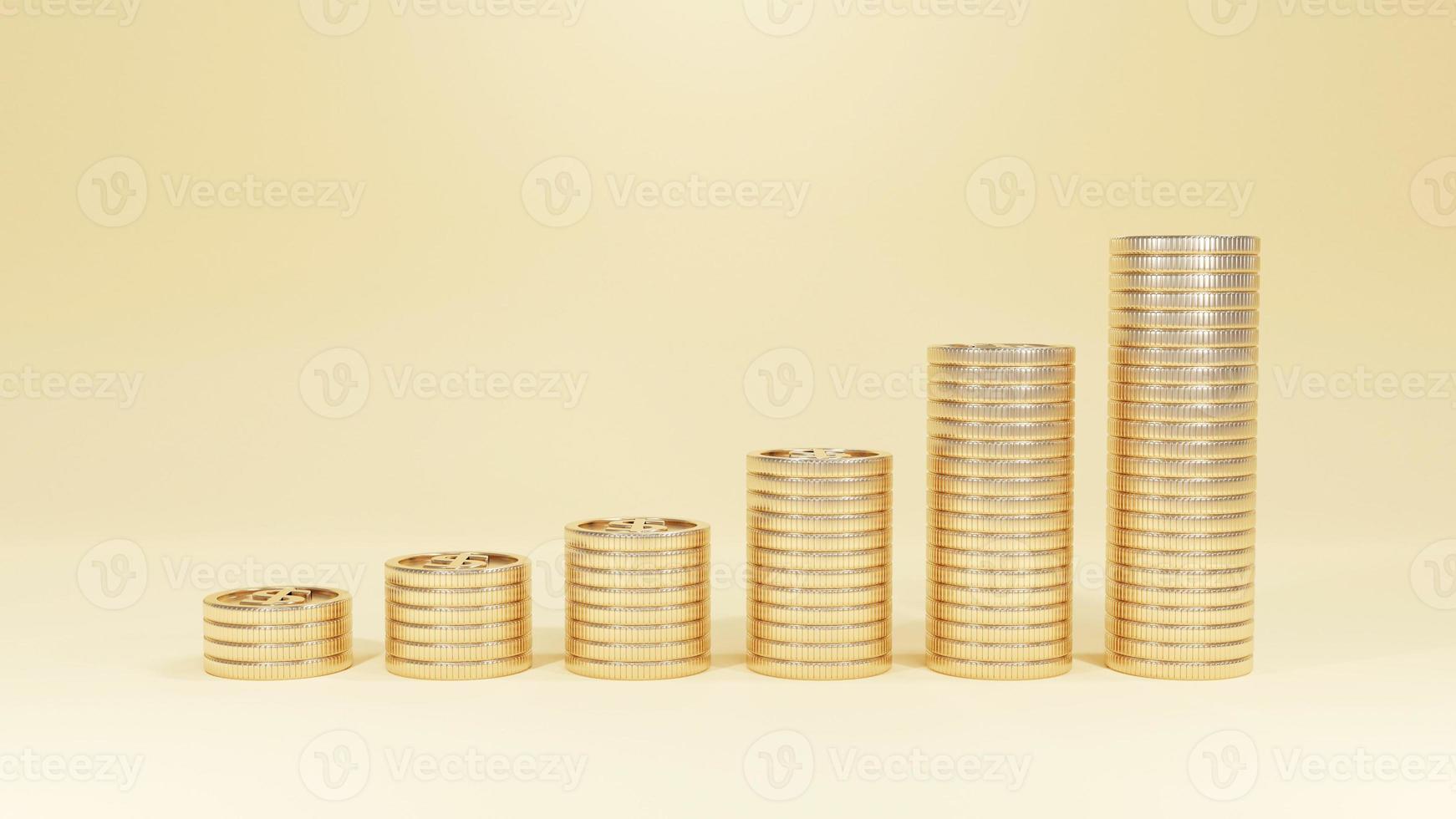 3d interpretazione di oro monete impilati e in crescita i soldi. foto