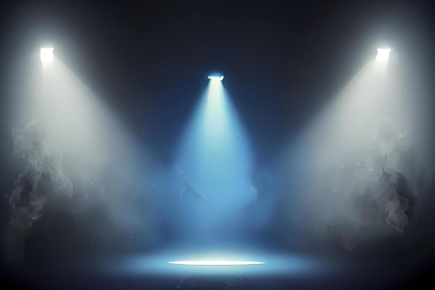 illuminato palcoscenico e blu Fumo. notte fulmine nel nebbia. faro travi foto