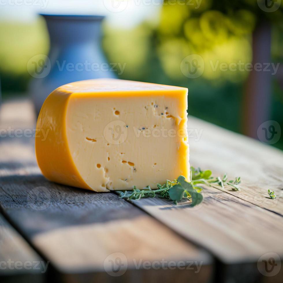 pezzo di formaggio su legna e natura sfondo generativo ai foto