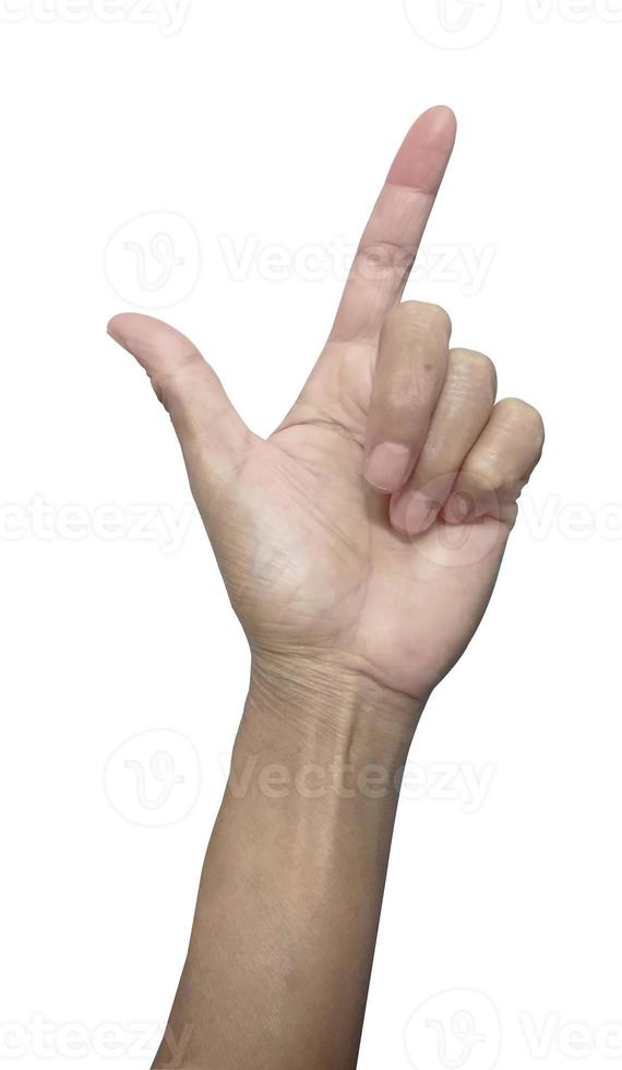 mano mostrando il mezzo dito isolato su bianca sfondo con ritaglio sentiero. foto