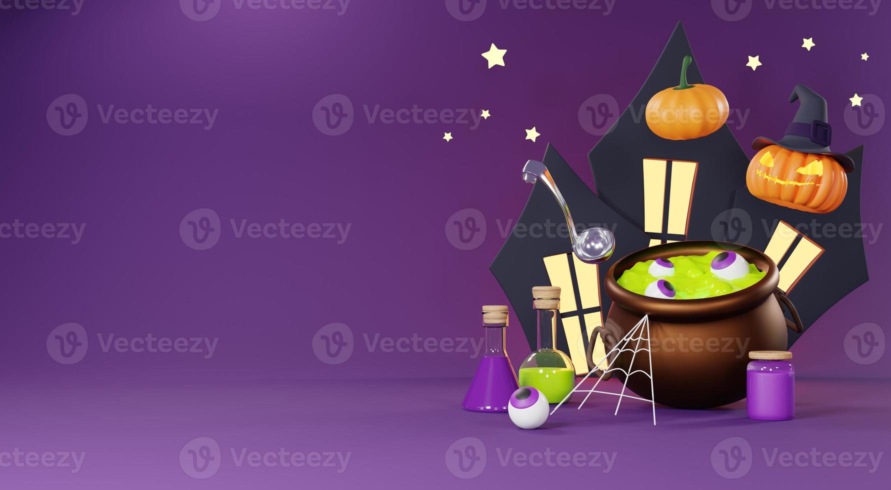 3d rendere, contento Halloween giorno sfondo con notte scena e carino spaventoso design. Halloween zucche, cranio, fantasma e di strega calderone su buio viola sfondo. trucco o trattare festa celebrare. foto