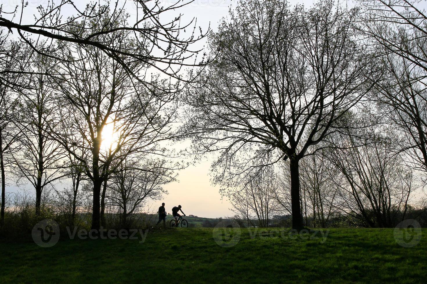 silhouette di persone equitazione il bicicletta su un' rurale strada a tramonto lungo Danubio fiume nel Ratisbona, Germania, Europa. foto