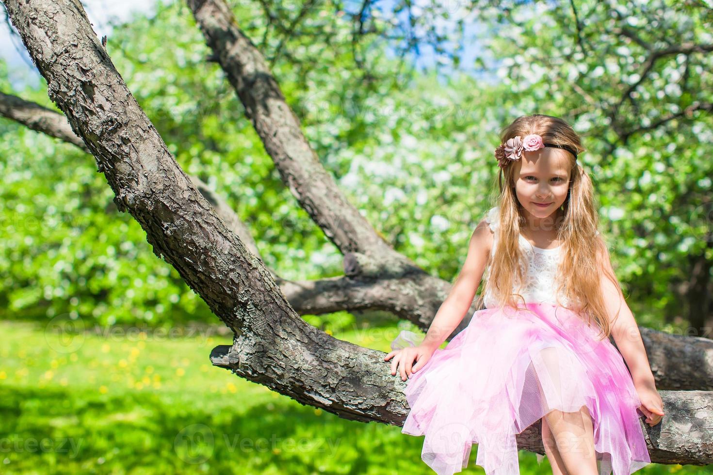 poco adorabile ragazza seduta su fioritura albero nel Mela giardino foto