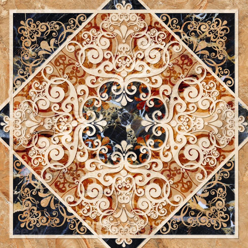 digitale piastrelle design. 3d rendere colorato ceramica parete piastrelle decorazione. astratto damasco patchwork senza soluzione di continuità modello con geometrico e floreale ornamenti, Vintage ▾ piastrelle intricato dettagli foto