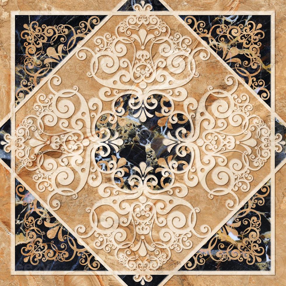 digitale piastrelle design. 3d rendere colorato ceramica parete piastrelle decorazione. astratto damasco patchwork senza soluzione di continuità modello con geometrico e floreale ornamenti, Vintage ▾ piastrelle intricato dettagli foto