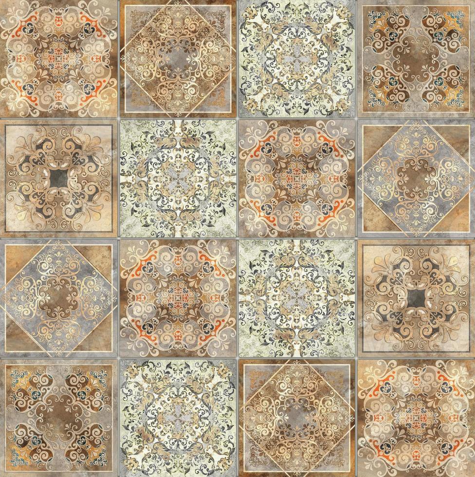 digitale piastrelle design. 3d rendere colorato ceramica parete piastrelle decorazione. astratto damasco patchwork senza soluzione di continuità modello con geometrico e floreale ornamenti, Vintage ▾ piastrelle intricato dettagli foto