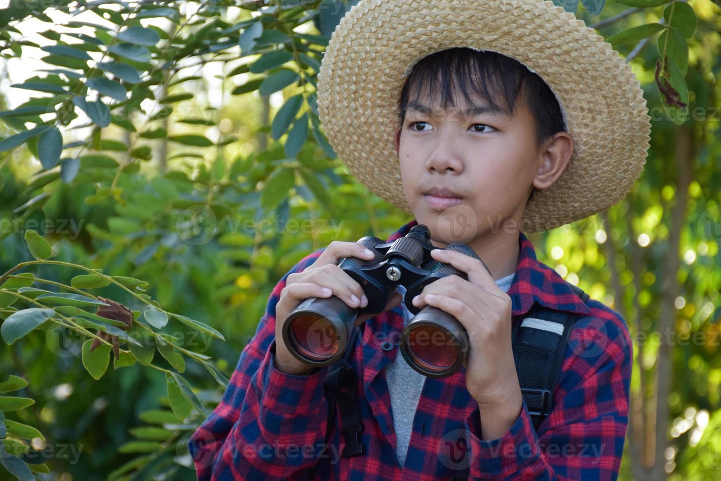 asiatico ragazzo è utilizzando binocolo per fare il uccelli' Guardando nel tropicale foresta durante estate campo, idea per apprendimento creature e natura animali e insetti al di fuori il aula. foto