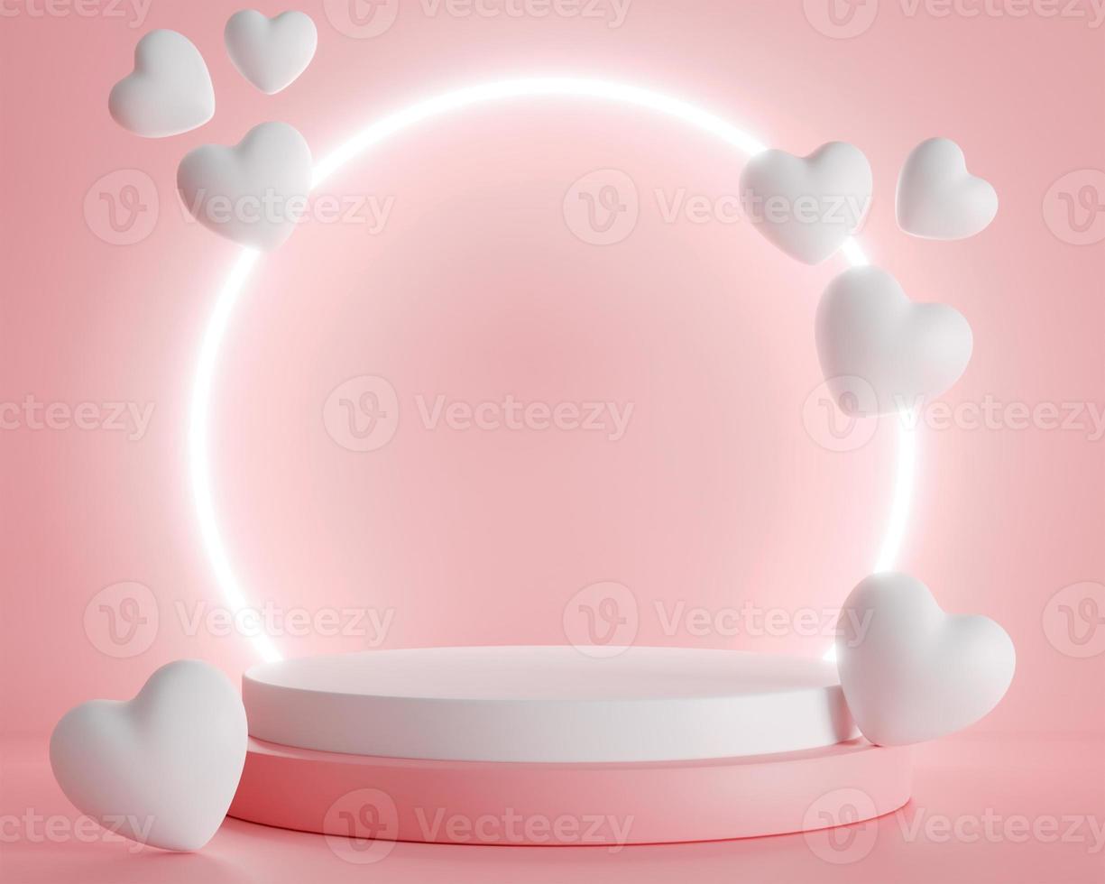 3d resa. bianca cuore e podio In piedi per mostrare Prodotto Schermo su rosa colore sfondo e squillare luce. astratto minimo geometrico forme fondale per San Valentino giorno design foto