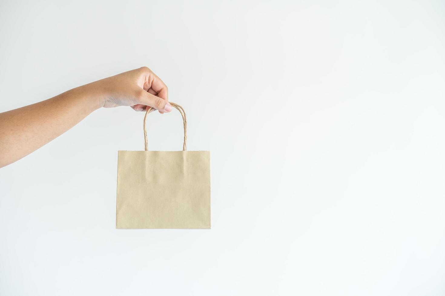 donna mani trasporto Marrone carta shopping Borsa. concetto di utilizzando riciclare Materiale per Salva il mondo e diminuire inquinamento. foto