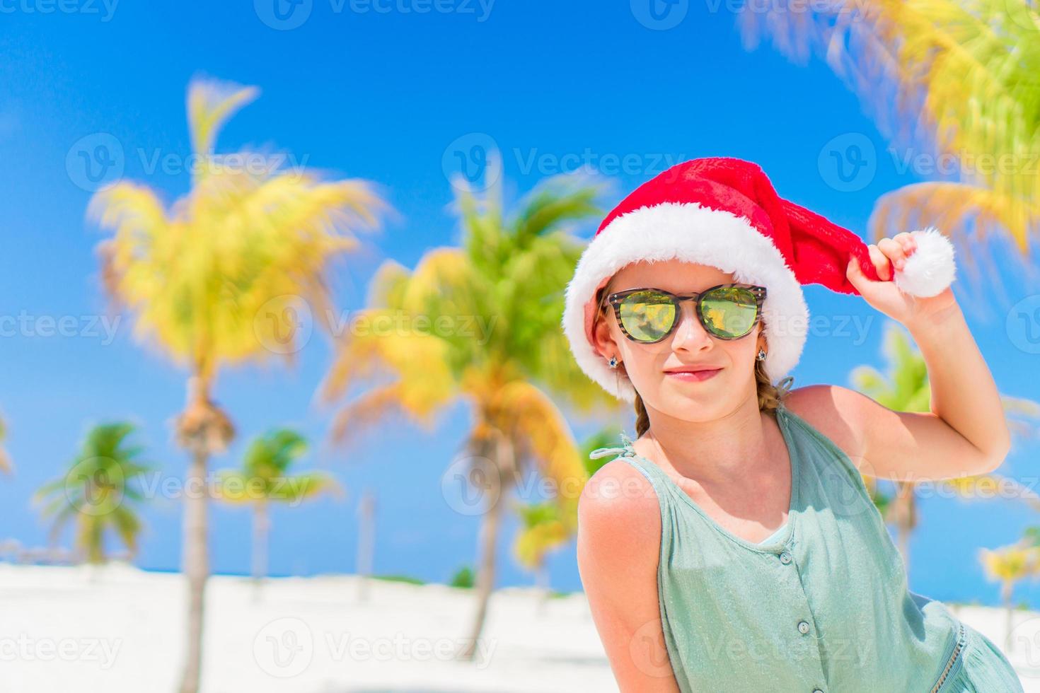 contento poco ragazza nel Santa cappello durante Natale spiaggia vacanza avere un' lotto di divertimento foto