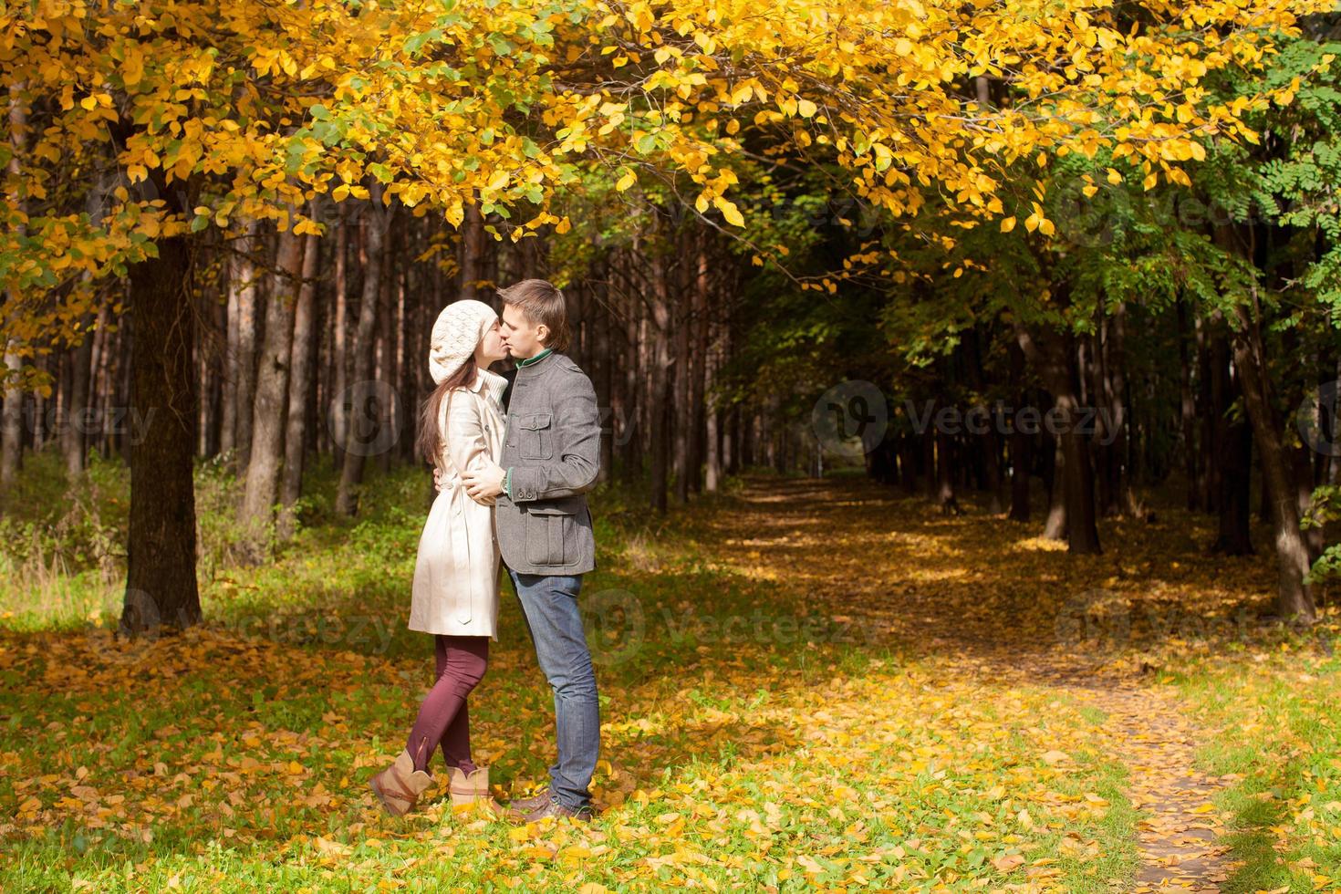 giovane coppia baci nel autunno parco su un' soleggiato autunno giorno foto