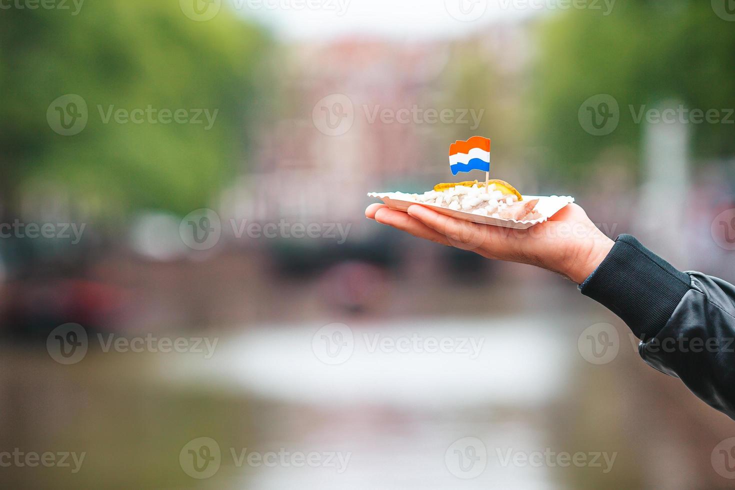 gustoso fresco aringa con cipolla e Olanda bandiera su il acqua canale sfondo nel amsterdam. tradizionale olandese cibo foto