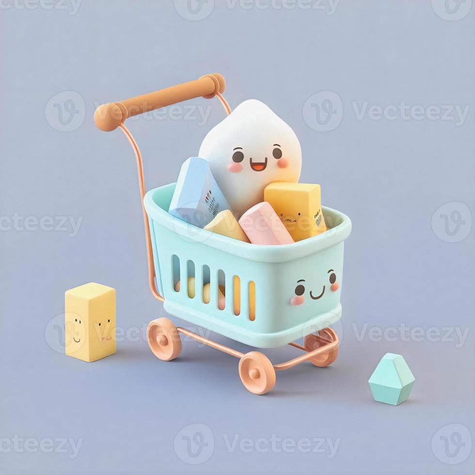 carino capriccioso 3d shopping carrello icona personaggio Perfetto per commercio elettronico, Al dettaglio progetti, sito web icone, App pulsanti, marketing materiali. adorabile simile a un cartone animato disegno, allegro colori foto