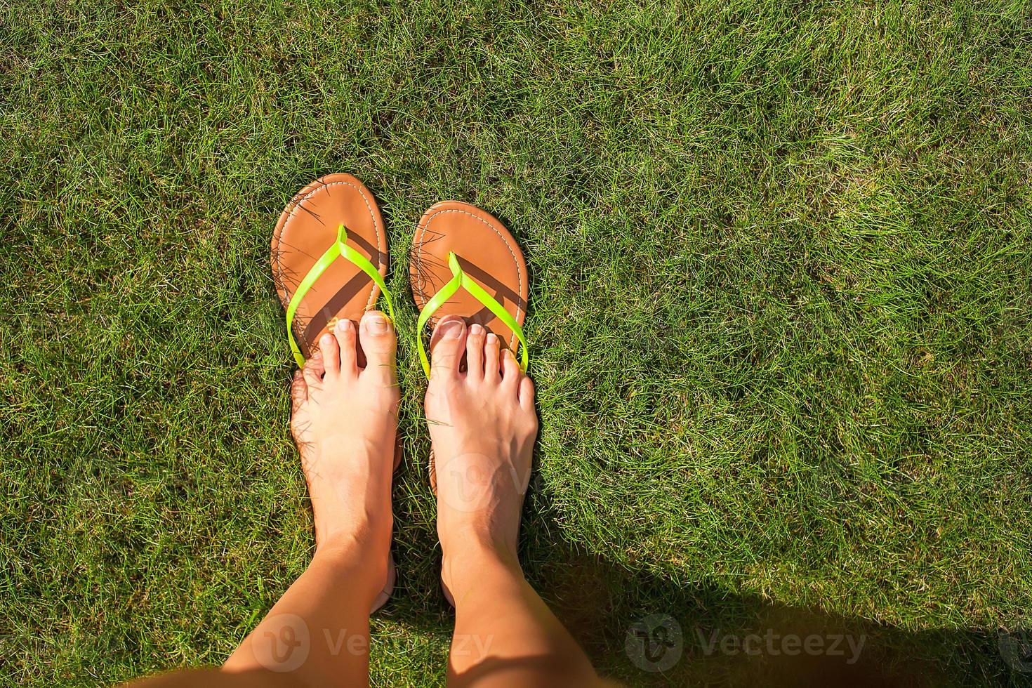 avvicinamento di donna di gambe nel pantofole su verde erba foto