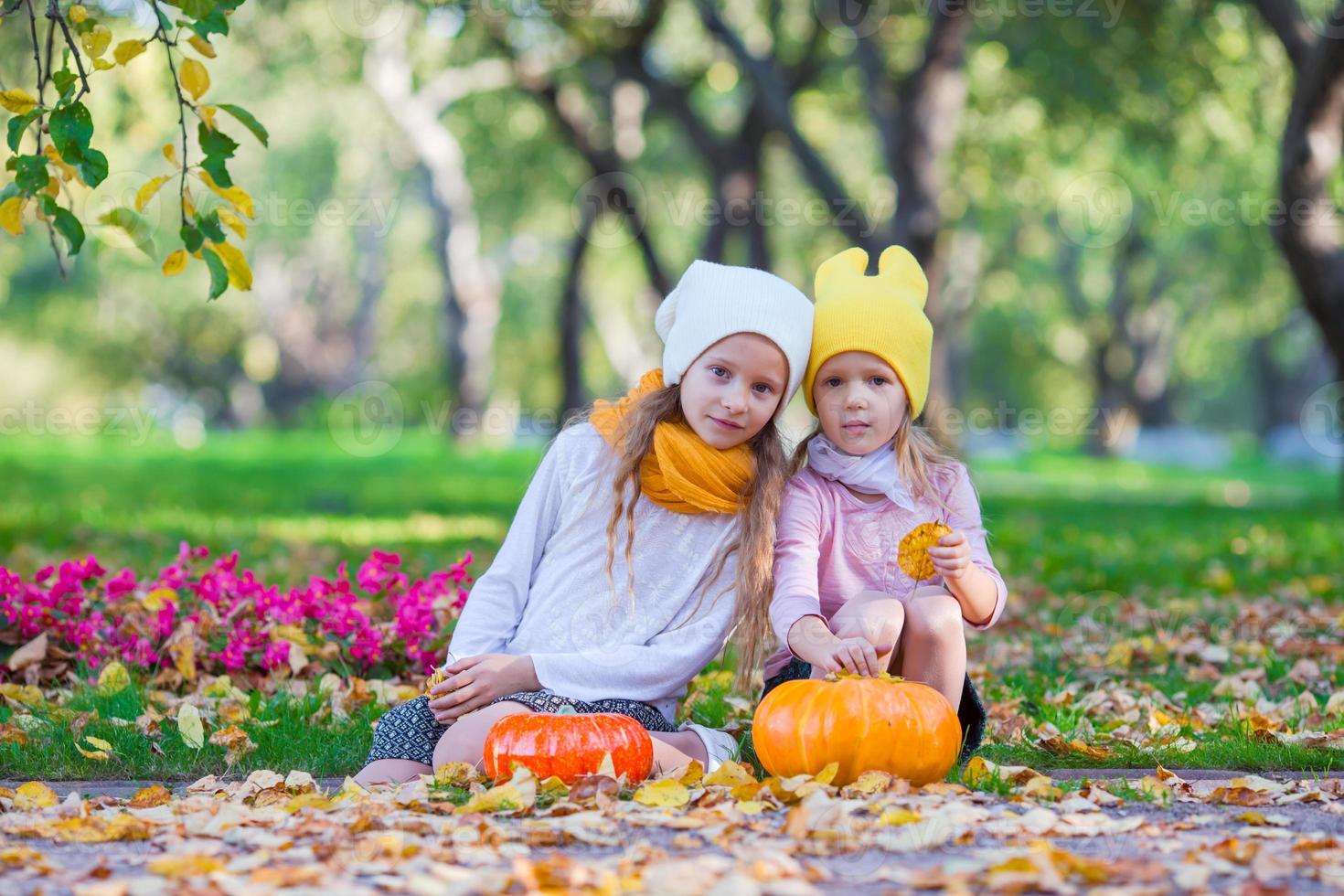 adorabile poco ragazze nel autunno bellissimo parco con zucche foto