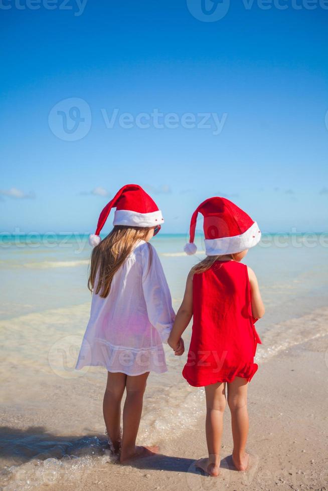 indietro Visualizza di poco carino ragazze nel Natale cappelli su il esotico spiaggia foto