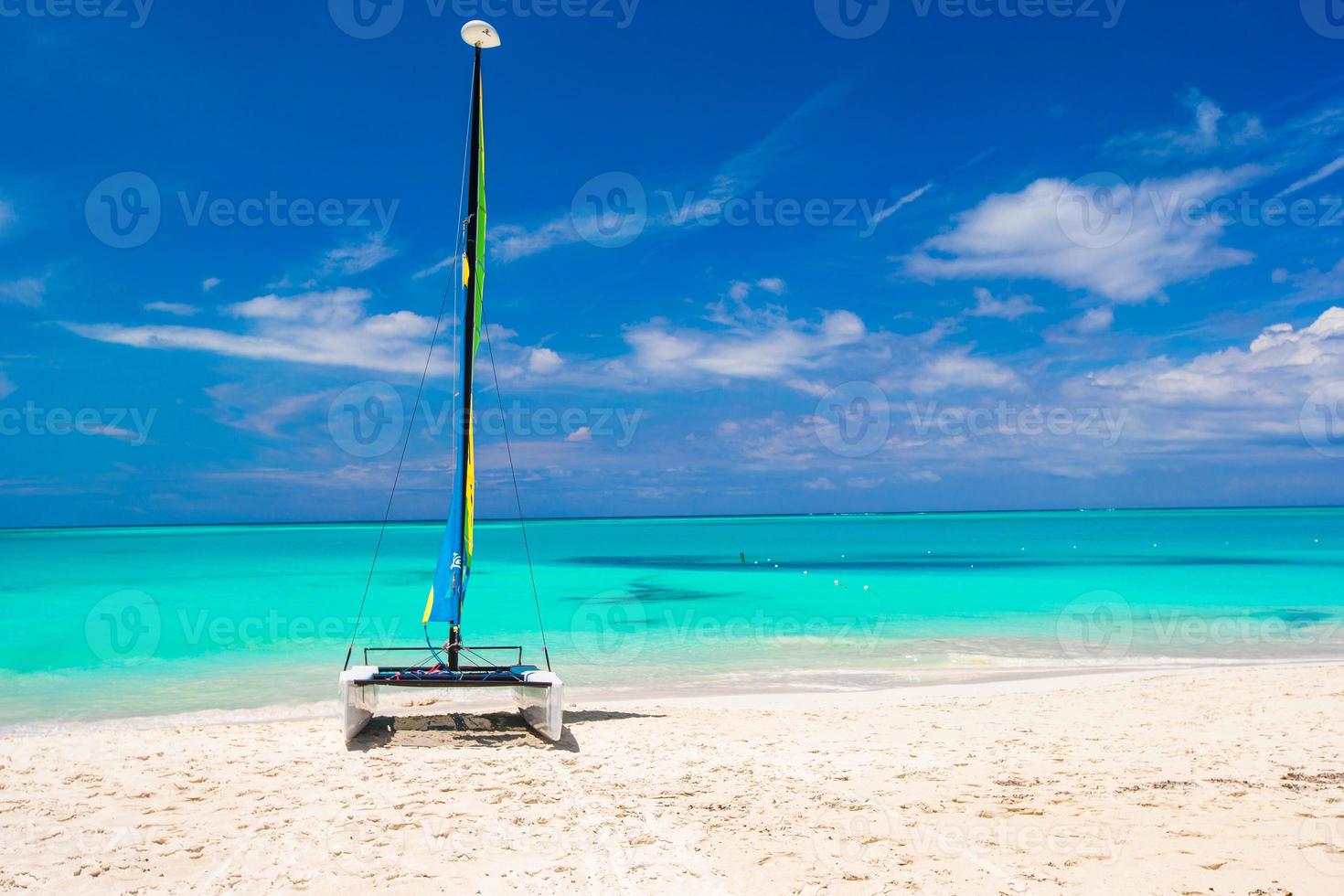 catamarano con colorato vela su caraibico spiaggia foto