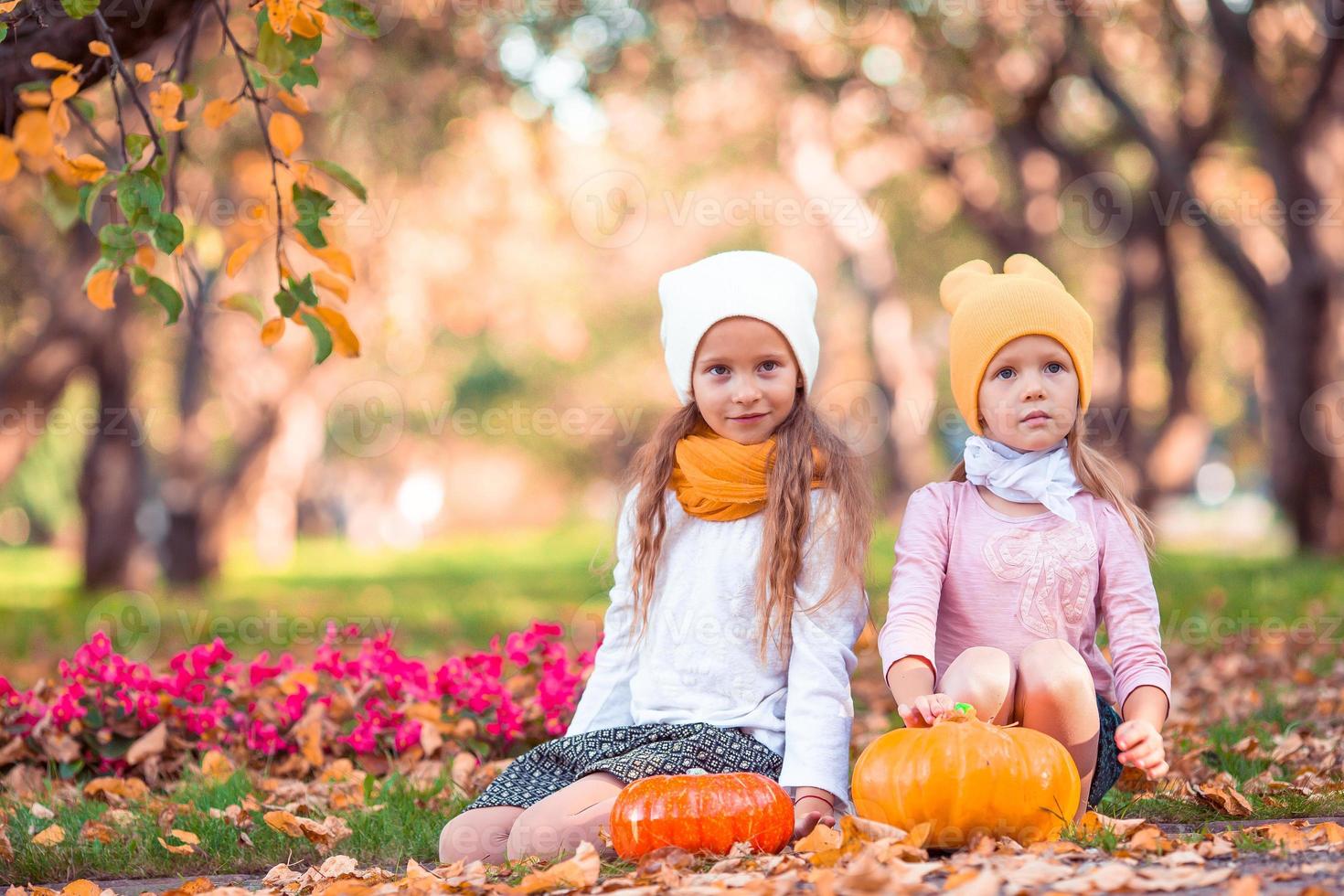 poco adorabile ragazze con zucca all'aperto su un' caldo autunno giorno. foto