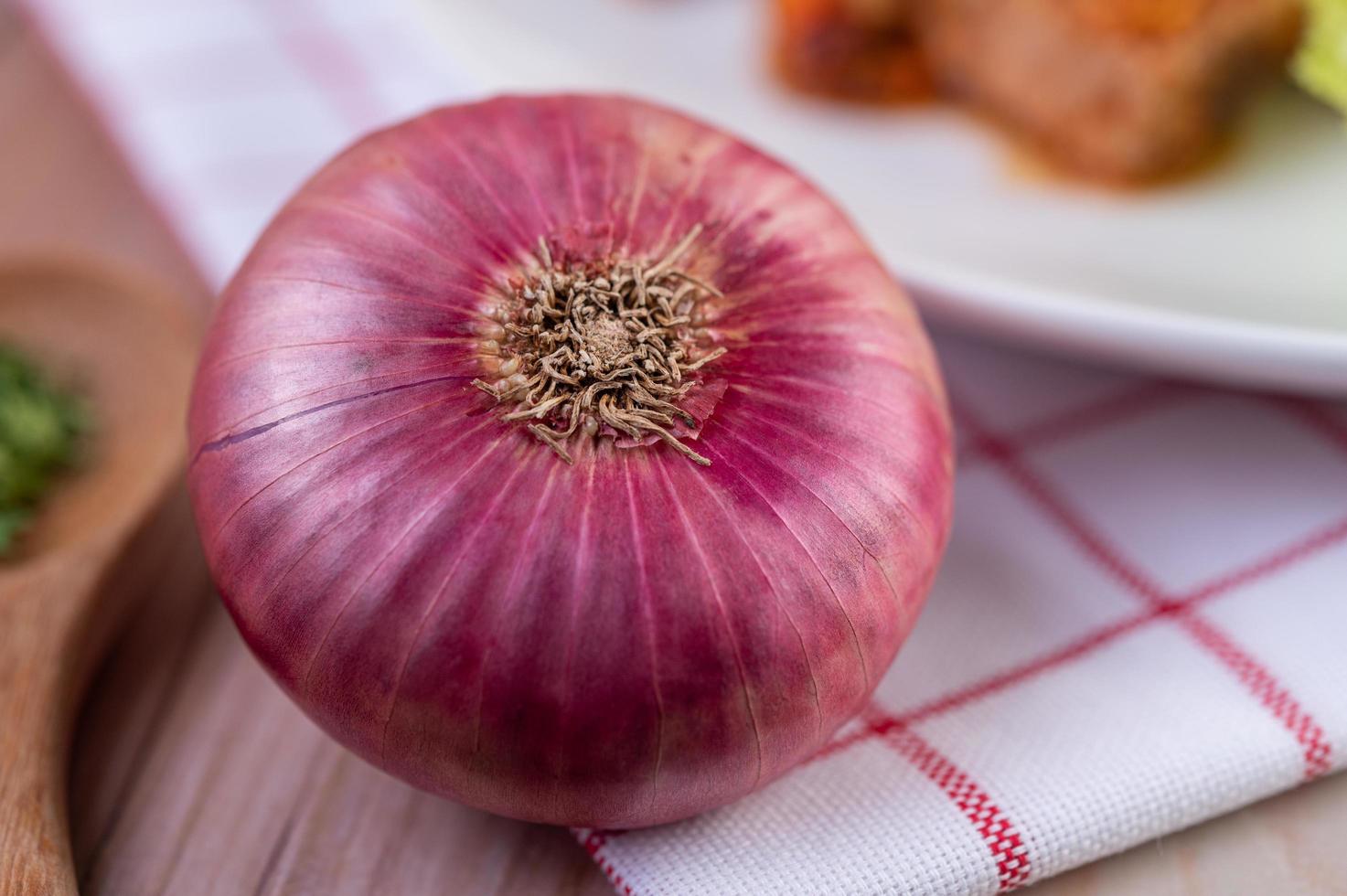 cipolla rossa su un fazzoletto rosso e bianco foto