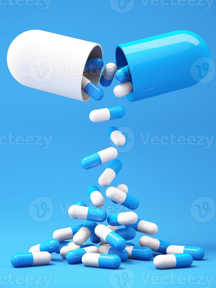 capsule di pillole medicinali che cadono con sfondo blu.,sfondo di illustrazione 3d medico e sanitario foto