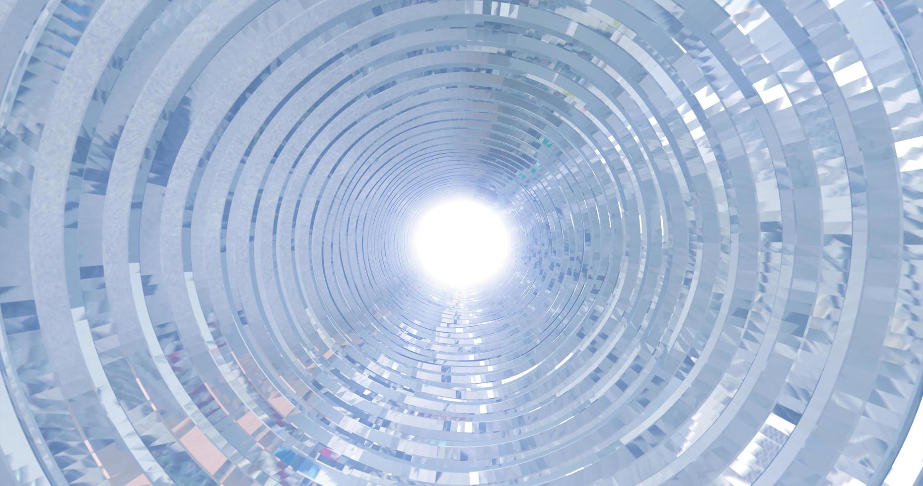 un' rotante argento metallo cromo brillante tunnel con muri di costolette e Linee nel il modulo di un' cerchio con riflessi di luminoso raggi. astratto sfondo foto