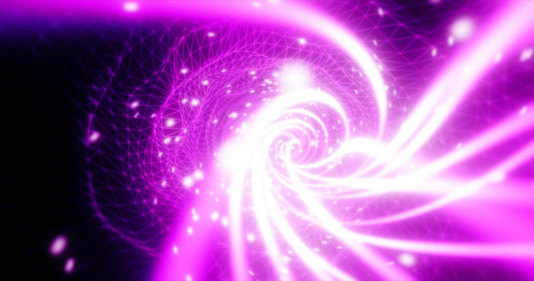 astratto viola futuristico tunnel a partire dal un' griglia di particelle Linee raggiante luminosa brillante neon digitale magico energia su un' buio sfondo. astratto sfondo foto