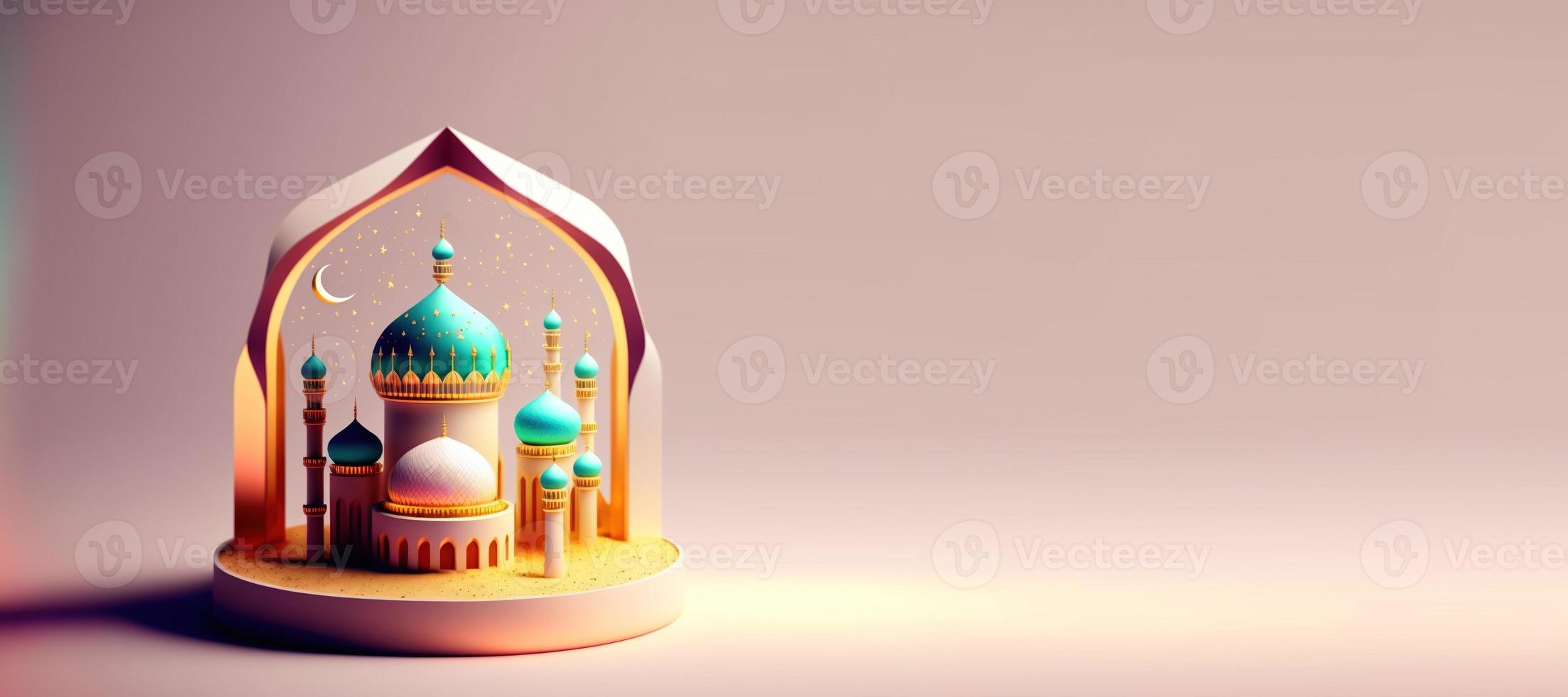 digitale 3d illustrazione di moschea per eid Ramadan islamico celebrazione bandiera con copia spazio foto