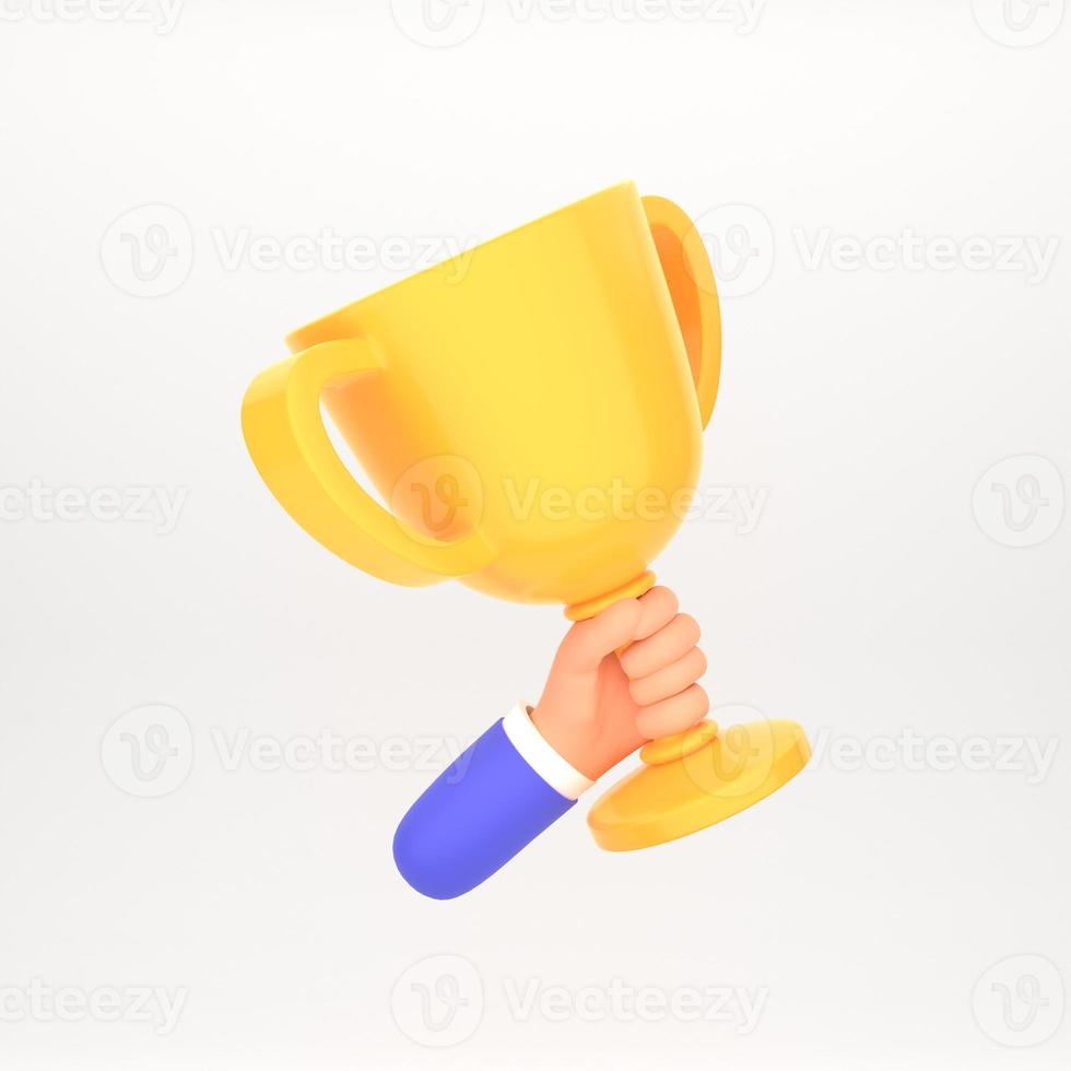 cartone animato trofeo tazza nel mano icona. 3d rendere di premio cerimonia concetto con mano hold vincitore cartone animato stile foto