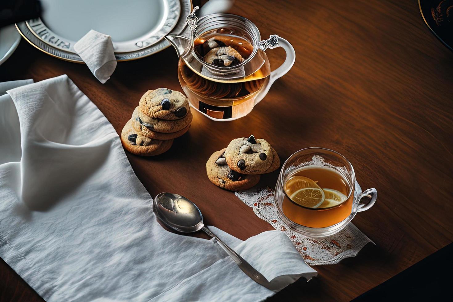 fotografia di un' piatto di biscotti e un' bicchiere di tè su un' tavolo con un' stoffa e un' tovagliolo su esso foto