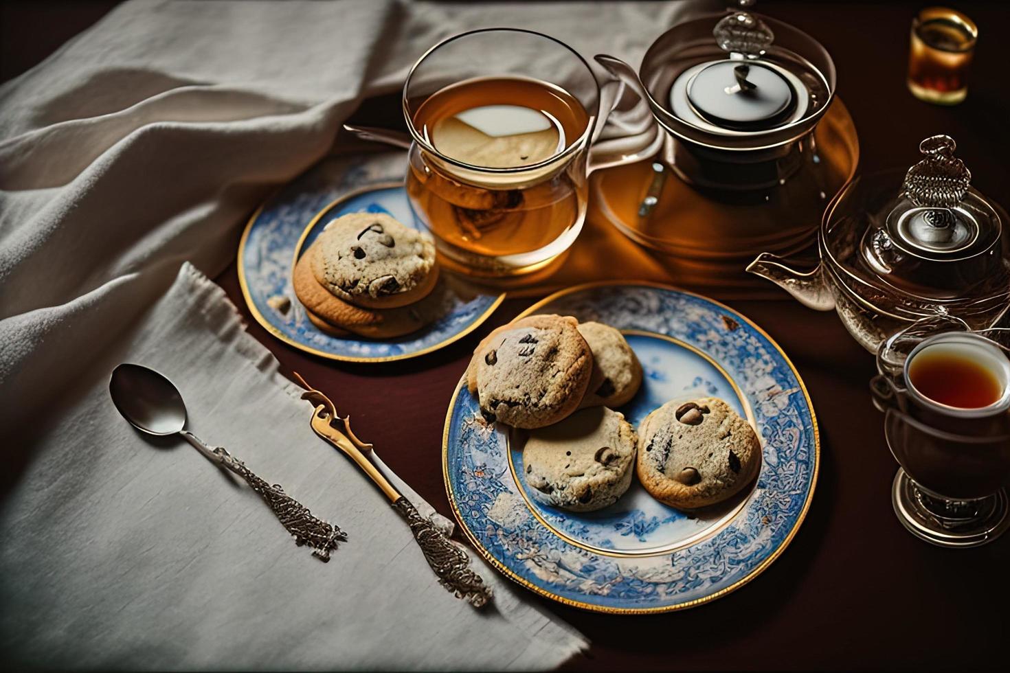 fotografia di un' piatto di biscotti e un' bicchiere di tè su un' tavolo con un' stoffa e un' tovagliolo su esso foto
