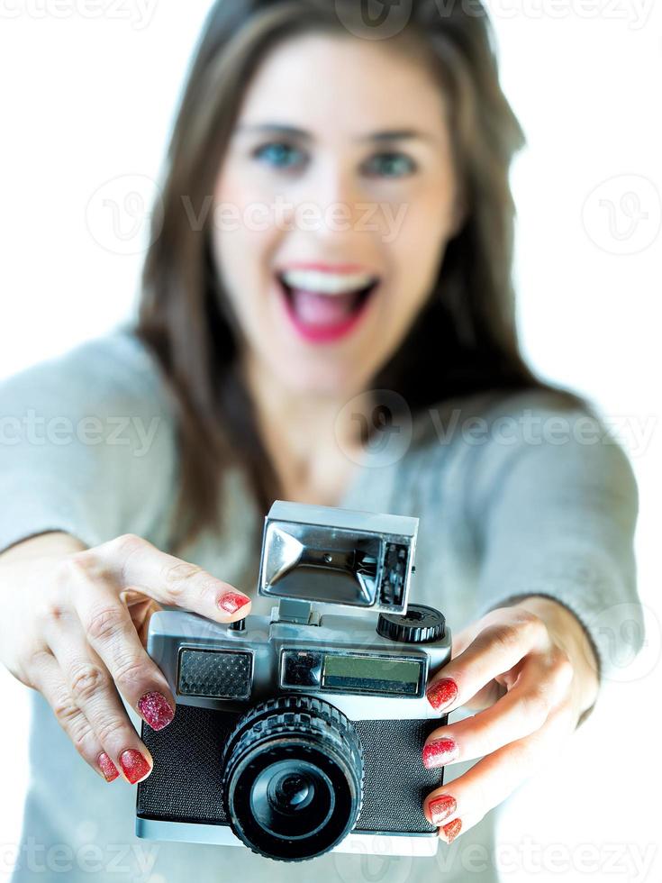 ragazza con Vintage ▾ telecamera plastica foto