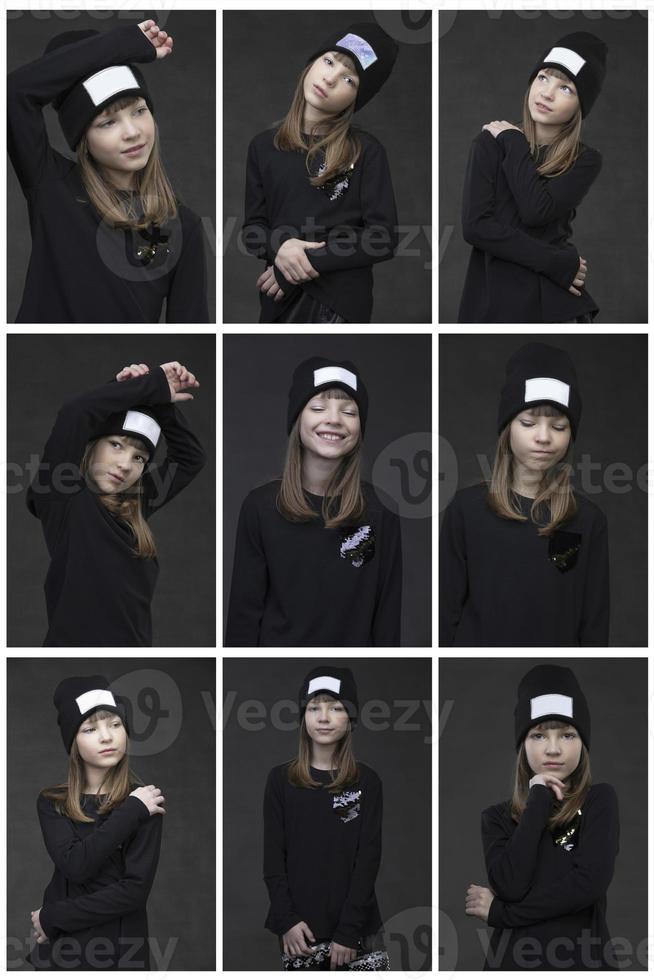collage di fotografie di un' adolescenziale ragazza nel buio Abiti su un' grigio sfondo nel diverso pose di il modello.
