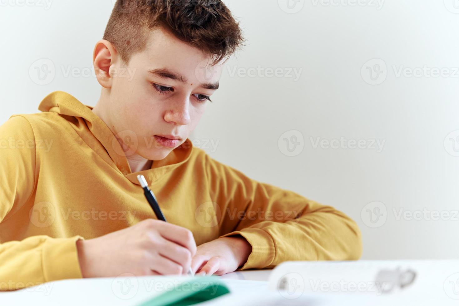 adolescenziale ragazzo Scrivi compiti a casa a casa. formazione scolastica concetto foto