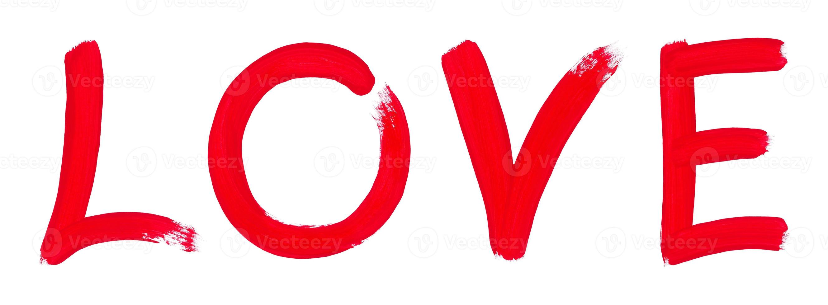 manoscritto rosso parola amore, capitale lettere. calligrafico spazzola dipinto testo isolato su bianca orizzontale sfondo. san valentino giorno concetto, design elemento per saluto carta. foto